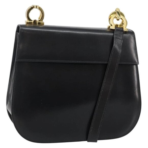 Salvatore Ferragamo Gancini Shoulder Bag Leather Black Gold Auth bs29116
